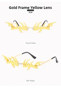 Detail view of gold metal rimless sunglasses with creative yellow flame shaped lenses