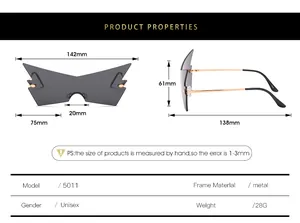Detailed size chart for oversized cat-eye sunglasses with metal frames and dimensions