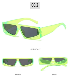 Three perspectives of neon green square frame sunglasses with rhinestone details