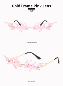 Close-up of pink rimless flame-shaped sunglasses with gold metal temples, model COL.07