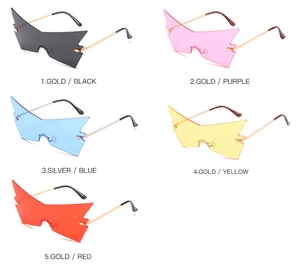 Detailed view of flame-shaped rimless sunglasses in five different color combinations