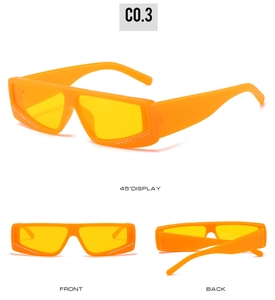 Three angles of orange square sunglasses with yellow lenses and studded frame details
