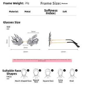 Size chart for flame shaped metal sunglasses with specific frame and lens measurements