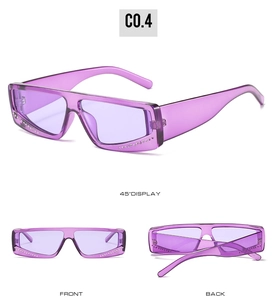 Detailed views of translucent purple rectangular sunglasses with rhinestone accents