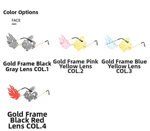 Detail of dragon-shaped sunglasses in four colors with flame and hollowed dragon lenses