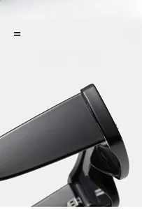 Detail of wide black sunglasses arm showing textured material and elastic hinge structure