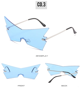 Detailed views of light blue rimless butterfly sunglasses with silver metal temples