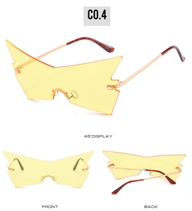 Detailed multi-angle view of yellow oversized rimless butterfly sunglasses with gold temples