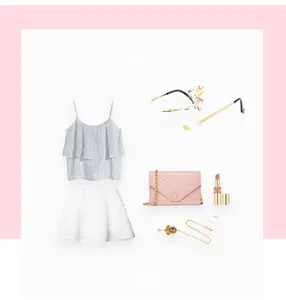 Styling set with pink flame dragon sunglasses, ruffled top, and quilted chain handbag