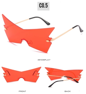 Detailed views of red flame rimless sunglasses with sleek gold metal temples
