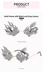 Detailed views of gold flame and dragon shaped sunglasses with black grey lenses