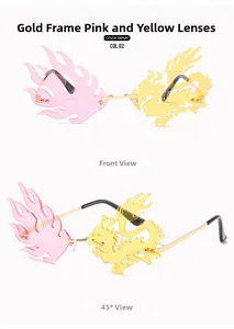 Close-up of pink flame and yellow dragon lenses on gold frame novelty sunglasses