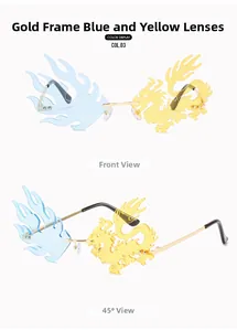 Detail of asymmetric rimless sunglasses with blue flame and yellow dragon lenses