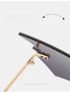 Detail of durable screw hinge on rimless sunglasses with rose gold metal temples