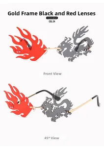 Close-up of novelty sunglasses with red flame and grey dragon shaped lenses in gold frame