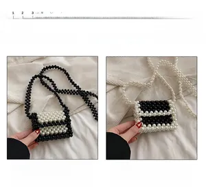 Detailed view of handmade pearl mini bags in black and white contrast woven styles