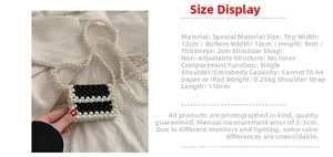 Detail view of handmade mini pearl bag with dimensions and specifications