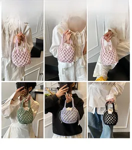 Detailed views of handmade hollow crochet bags in four colors with drawstring lining