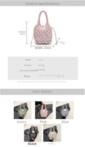 Detailed size chart and multi-color view of hollow cotton mesh handbag for beach