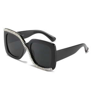 Oversized square sunglasses with luxury S-shaped rhinestone detailing on black frames
