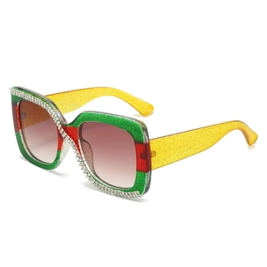 Oversized square sunglasses with tri-color glitter frame and rhinestone trim