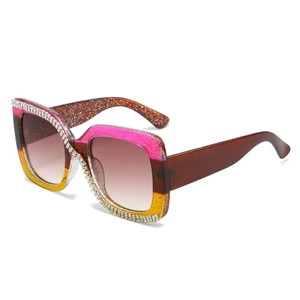 Oversized square rhinestone sunglasses with gradient glitter frame and tinted lenses