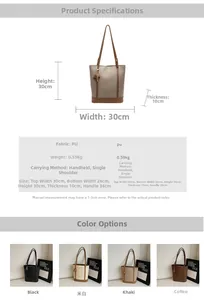 Detailed size chart for the bucket bag showing PU leather texture and dimensions in four colors