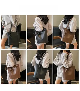 Detailed views of minimalist large capacity tote bag in black and brown leather options