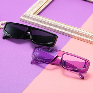 Square rhinestone sunglasses in black and jelly purple with minimalist rectangle frames
