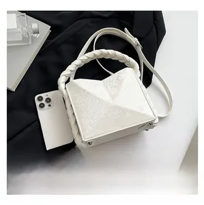Detail of cream snake skin bag with braided handle and silver corner protectors