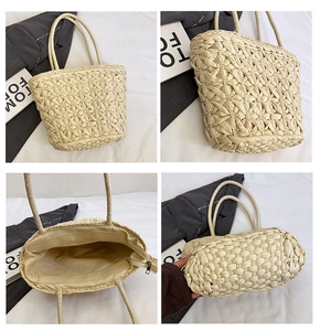 Detailed views of handmade woven straw tote bag with knot handle and interior zipper pocket