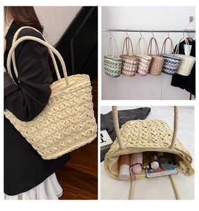 Detail of multi-color woven straw tote bags with zip lining and interior capacity view