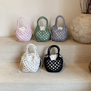Handmade Cotton Rope Woven Handbag Hollow Out Mesh Bucket Bag With Drawstring Inner Pouch For Summer Beach Vacation Casual