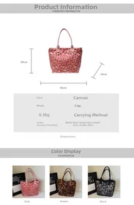 Detailed size guide and specifications for large leopard print canvas tote bag