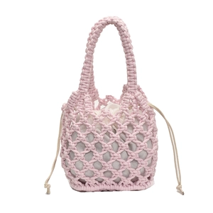 Pink woven cotton rope handbag with hollow mesh design and drawstring canvas lining