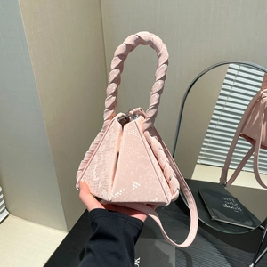 Pink triangular handbag with snake pattern embossing and woven top handle for women