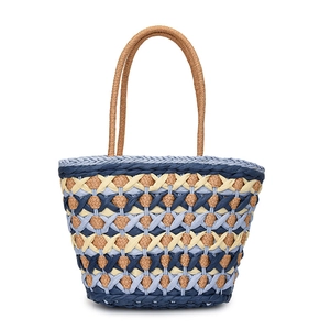 Handwoven straw tote bag with blue and beige mesh patterns for summer beach vacations
