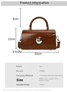 Detailed view of brown PU leather box bag with silver buckle and size dimensions