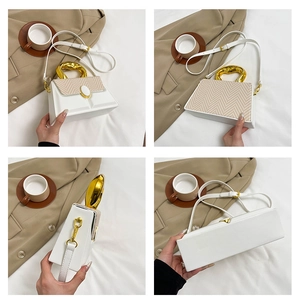 Detail views of white crossbody bag with liquid metal handle and herringbone flap pattern