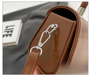 Close-up of silver metal hardware and buckle on a brown glossy leather handbag