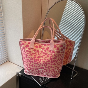 Pink leopard print canvas tote bag with large capacity and stylish shoulder strap