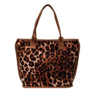 Large leopard print canvas tote bag with brown handles and vintage aesthetic design