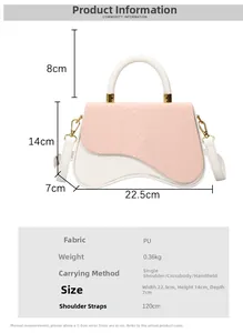 Infographic showing dimensions and weight of a white and pink snake pattern crossbody bag