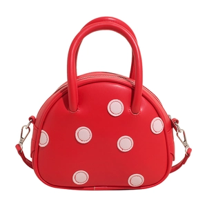 Sac à main demi-lune rouge à pois roses avec bandoulière amovible et fermeture éclair