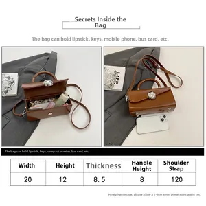 Detailed size chart for vintage brown leather handbag with dimension specifications