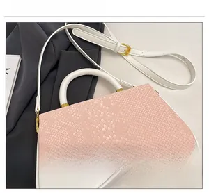 Close-up of contrast color box bag featuring pink croc-embossed leather and gold hardware