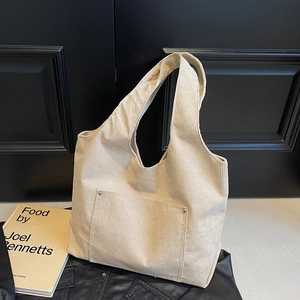 Off-white corduroy tote bag with large capacity and metal rivets on front pocket