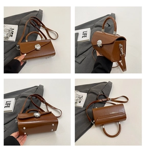 Detailed views of brown leather bag showing metal ball lock and anti-wear bottom studs