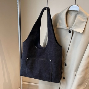 Black corduroy tote bag for women with large capacity and stylish shoulder strap design