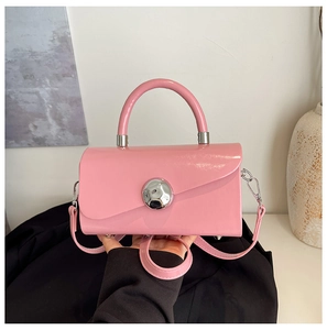 Pink patent leather square handbag with round silver metal ball buckle and handle